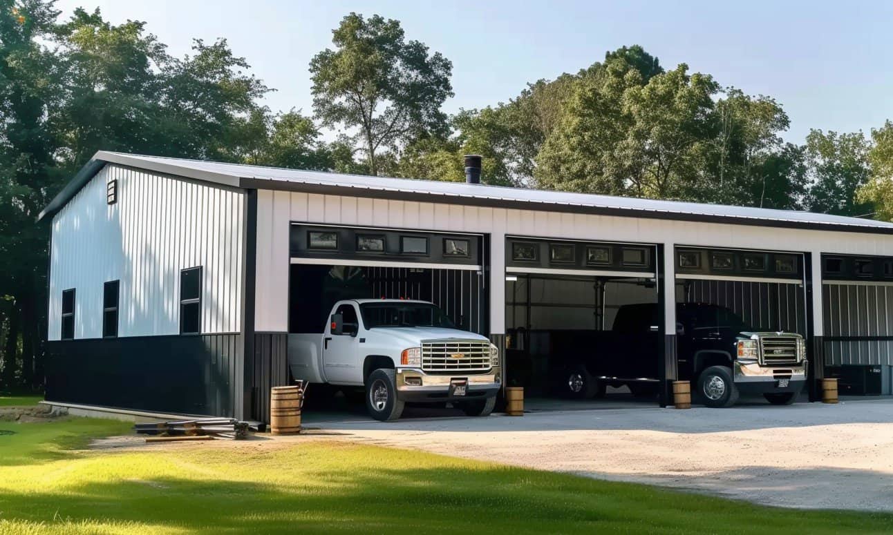 Two large, well-maintained truck garages displayed in a clean yard with ample space.