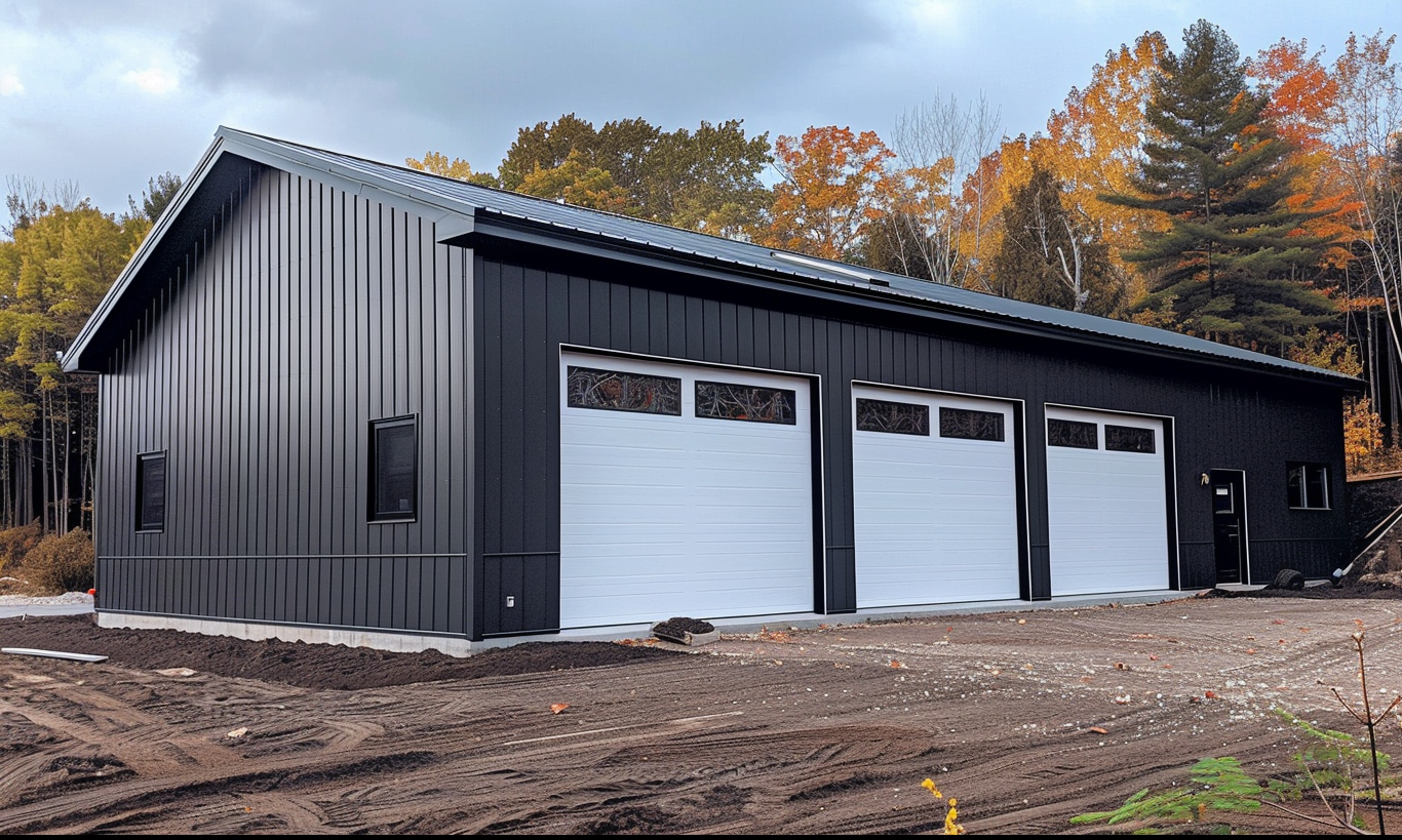 Large Alberta industrial garage featuring twin white doors