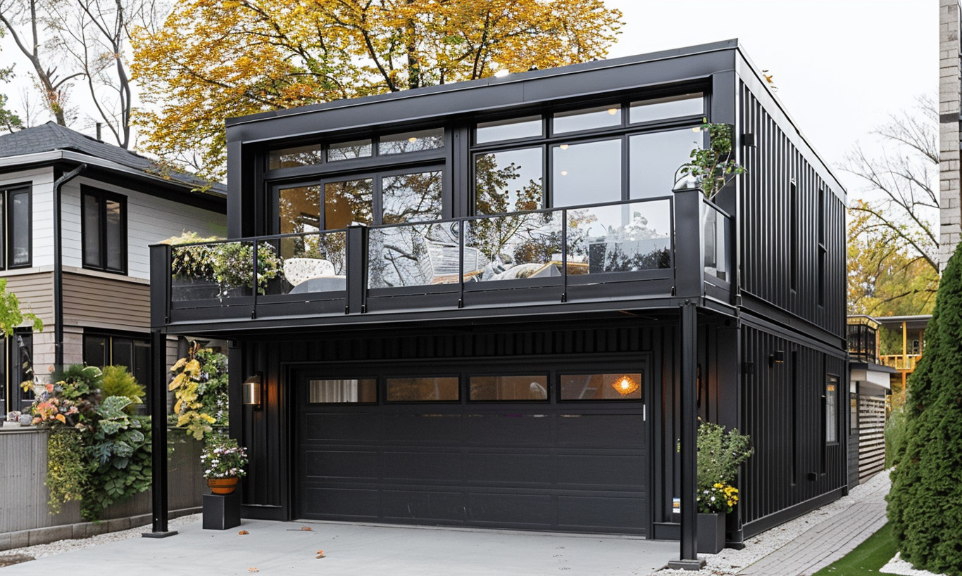 Modern shipping container home with robust black steel frame.