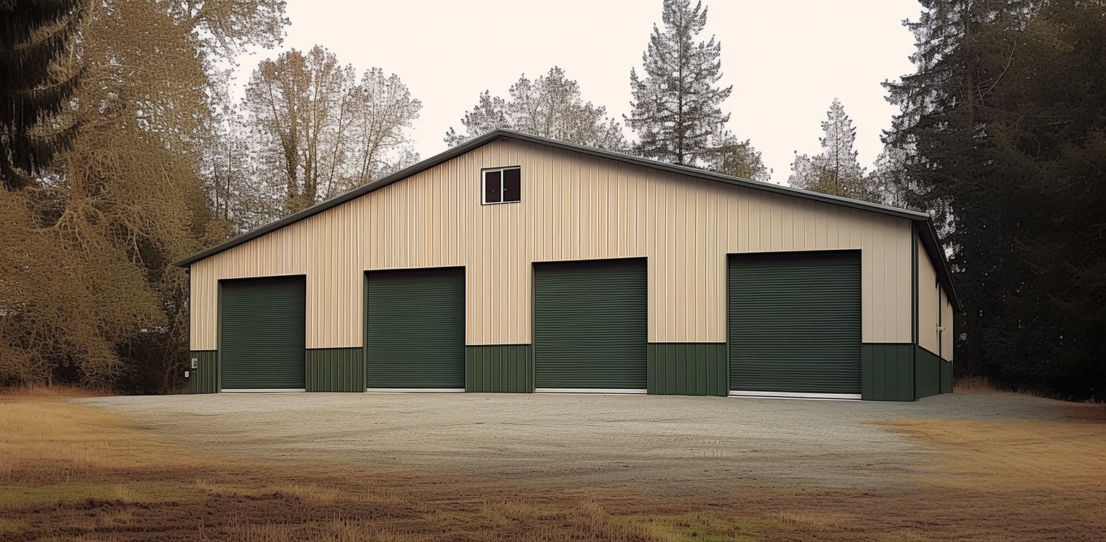 Rustic barn in the lush Alberta countryside featuring large metallic doors