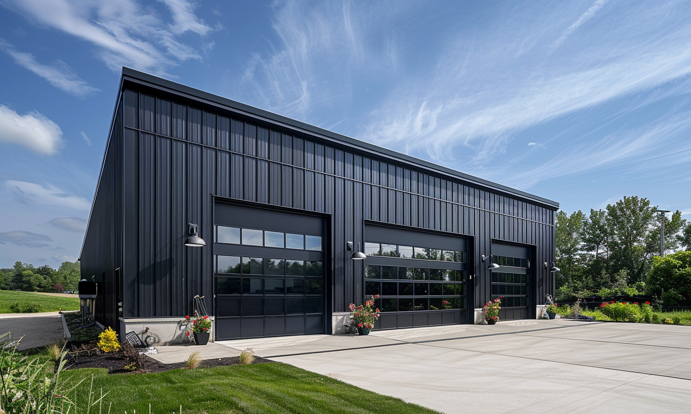 "Black exterior of an industrial style garage in Alberta showcasing metal accents and large windows"