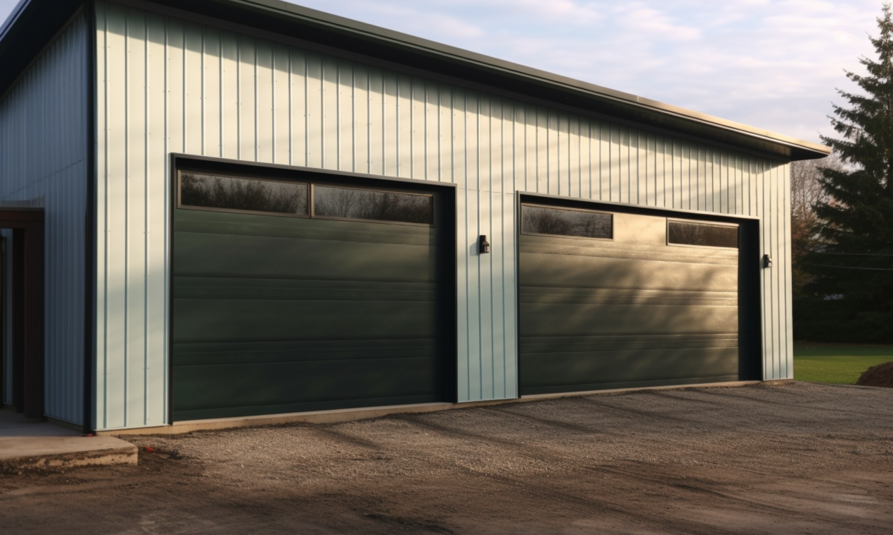 Alberta outside garage with two black doors.