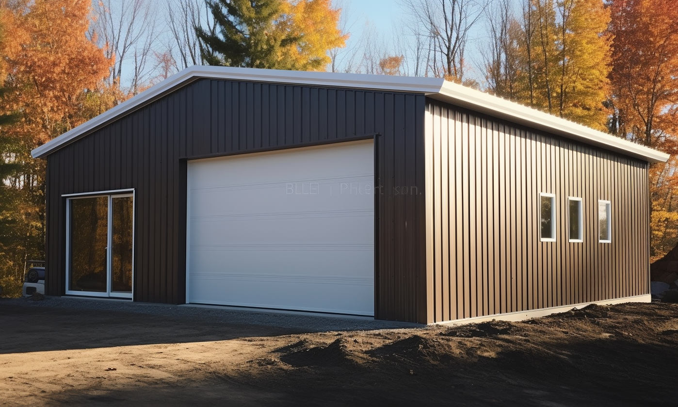 Steel garage with slate and brown siding in Leduc, Alberta.