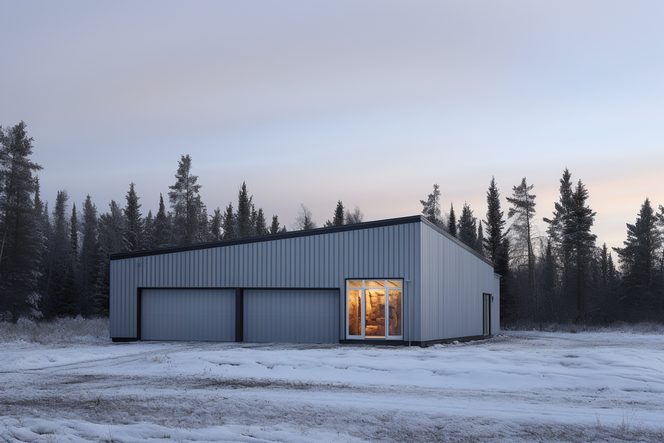 Beautifully finished steel garage building in Manitoba with a dark metal accent and a concrete foundation.