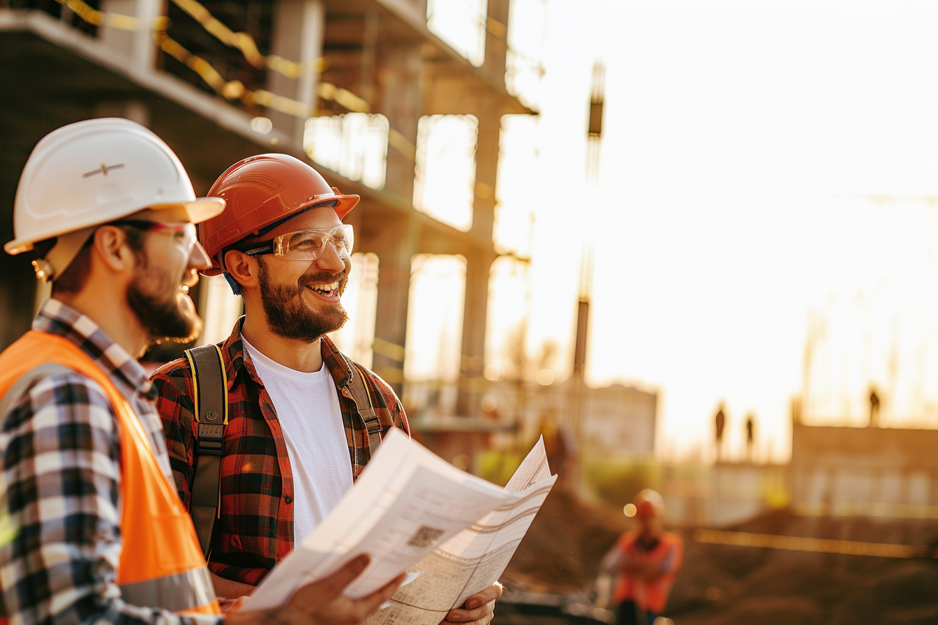 Group of construction workers reviewing blueprints at a British Columbia building site