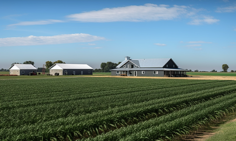 Expansive Ontario farmland showcasing modern steel machinery on nutrient-rich soil.