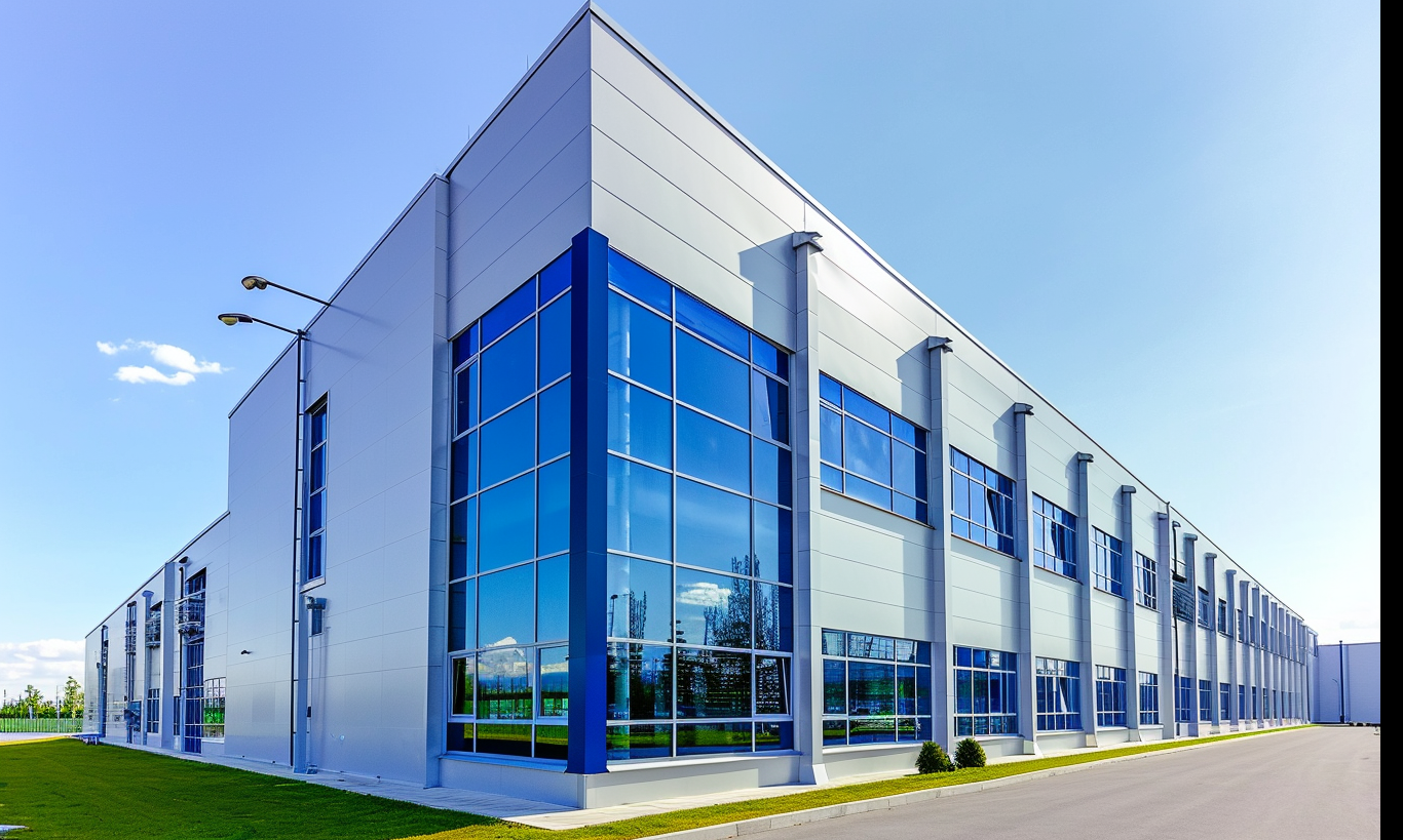 "Industrial architecture in Ontario featuring vibrant blue windows"