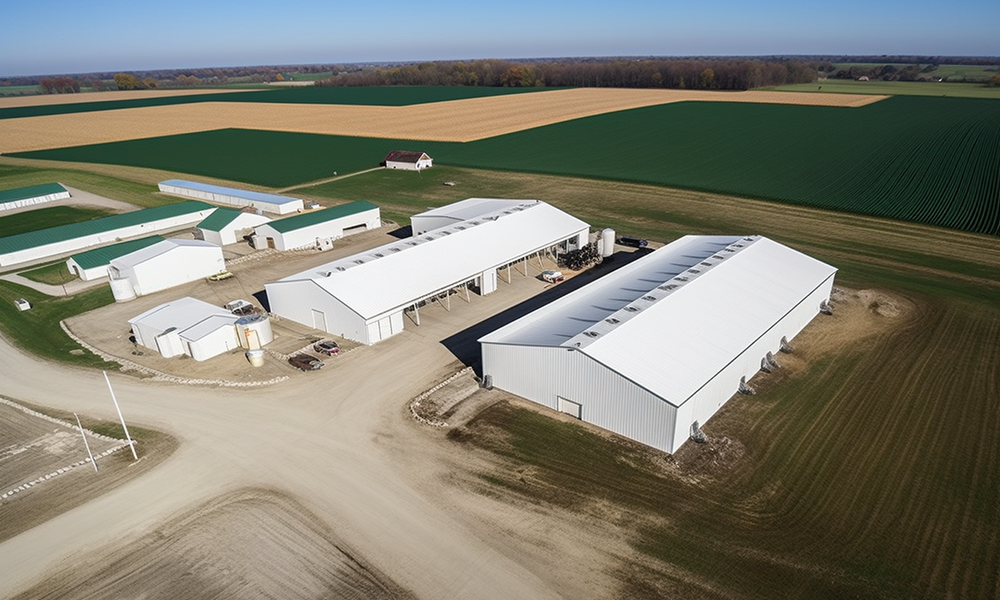 "An array of iron-rich metals harvested in Ontario, stacked inside a large agricultural building for processing."