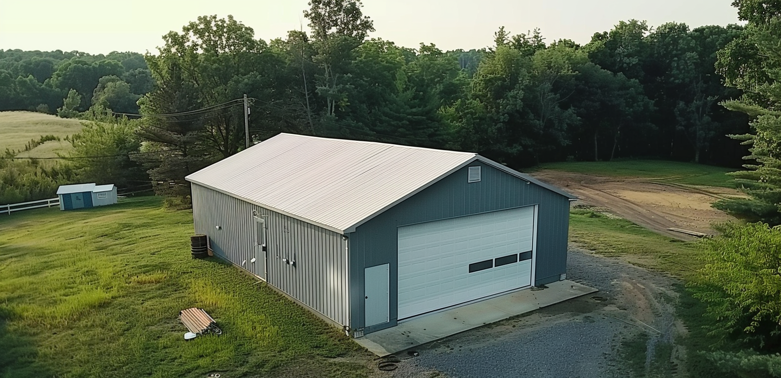 Aerial view of a typical rural garage in Ontario, showcasing the countryside backdrop.