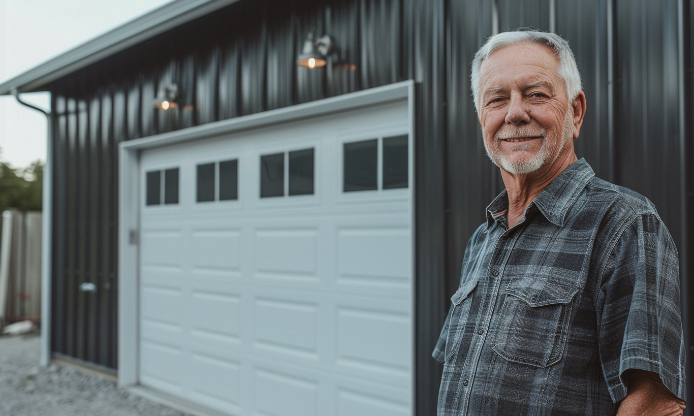 Proud Canadian man showcasing steel garage motorcycle kits in his workshop