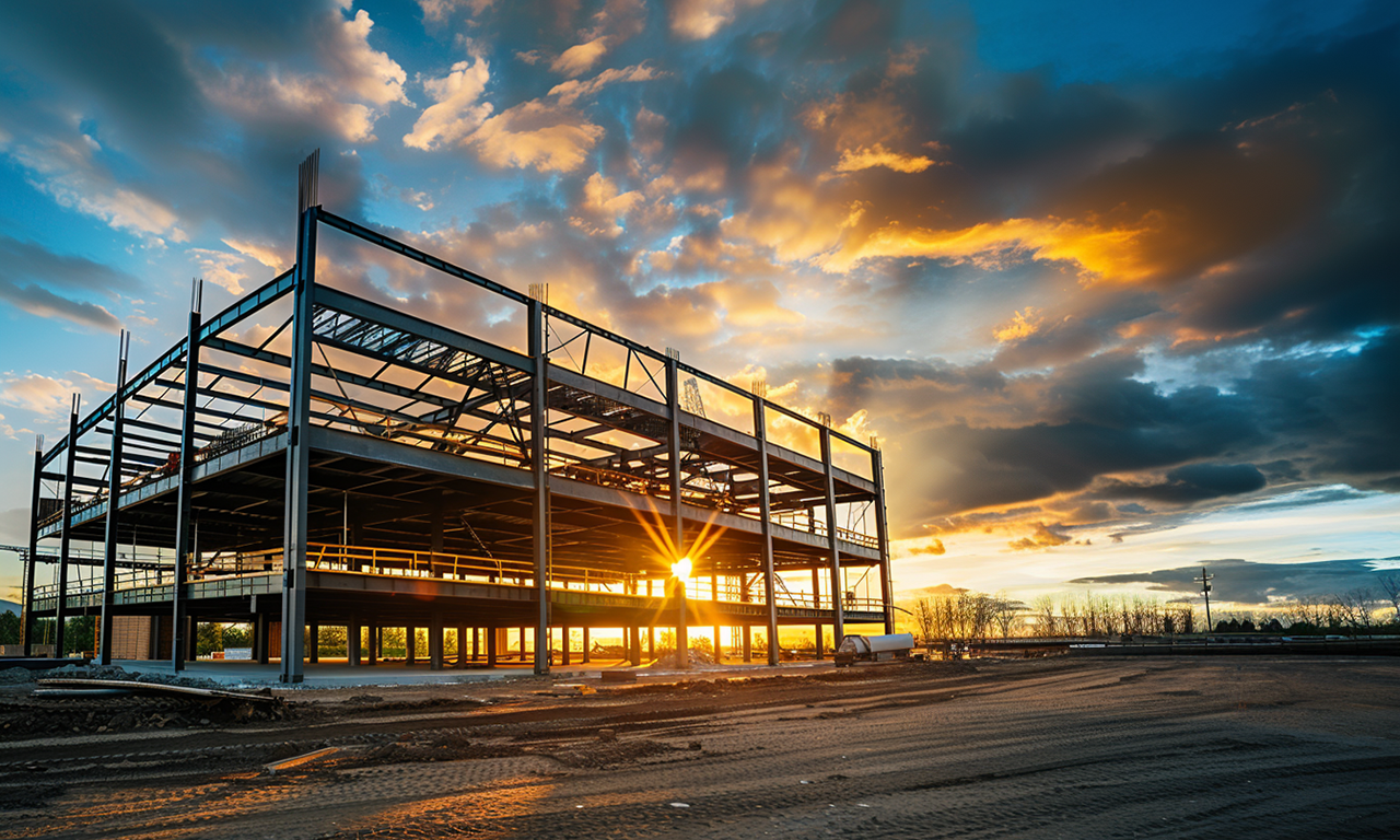 Workers at a construction site assembling a steel building structure