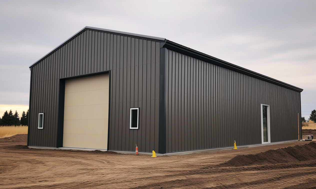 "Rugged steel building in Manitoba surrounded by a vast expanse of gravel"