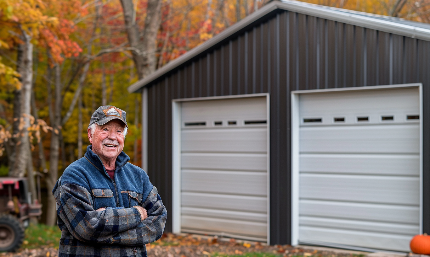 Elderly man with a joyful expression outside his newly-built steel garage kit home in British Columbia.