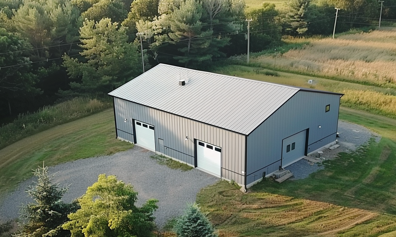 Steel garage kit assembled in a rural area of British Columbia