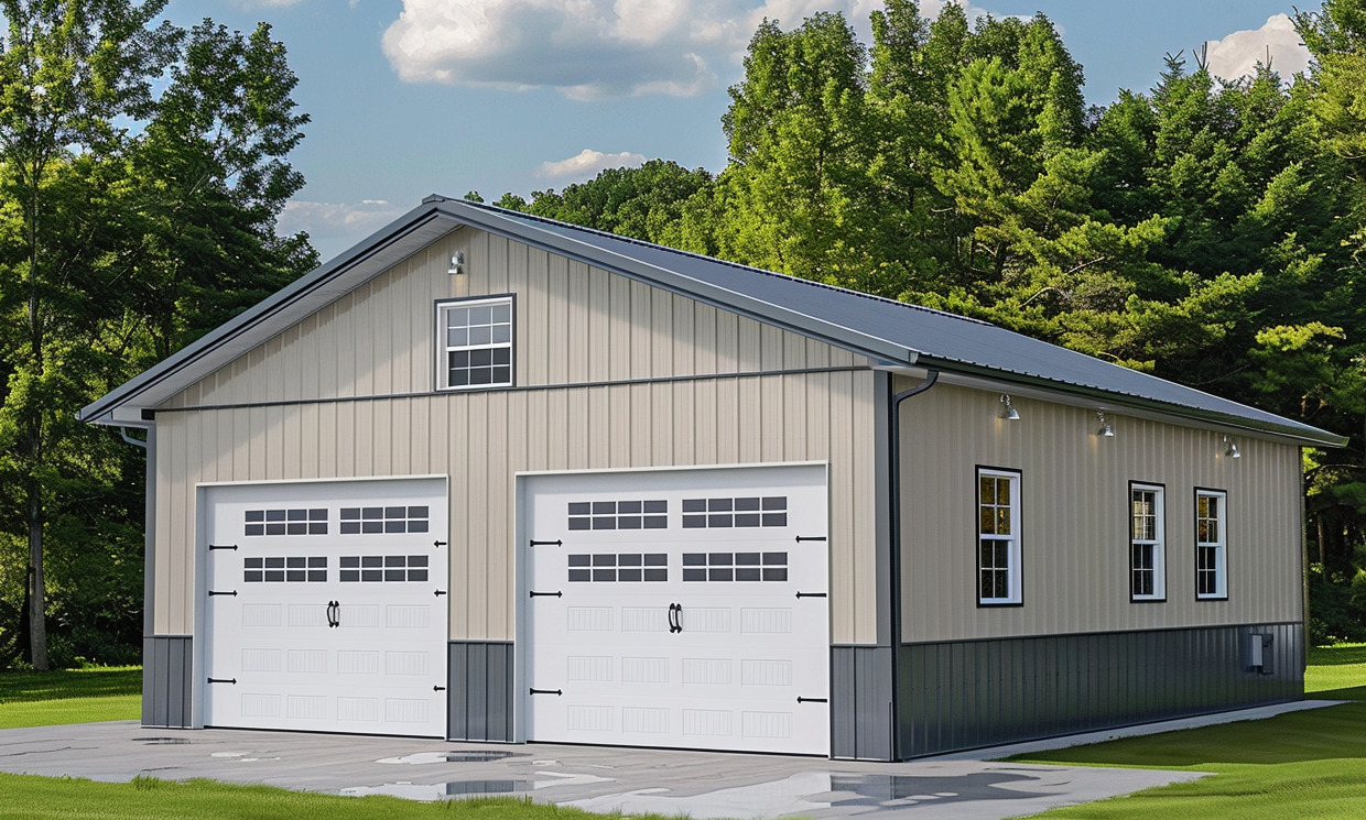 Durable steel garage kit featuring white doors, available in British Columbia.