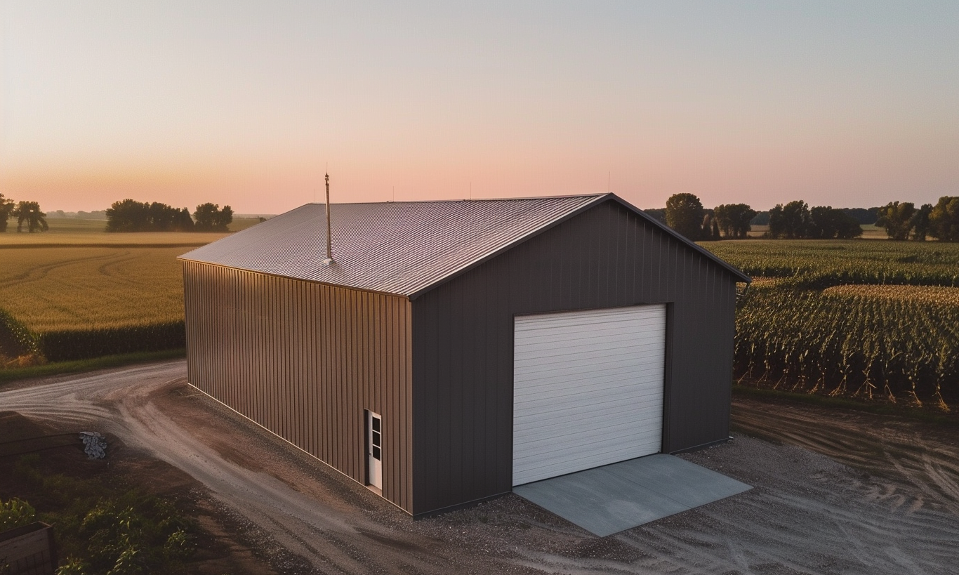 Aerial shot displaying a large barn in British Columbia, featuring a white steel garage kit door.