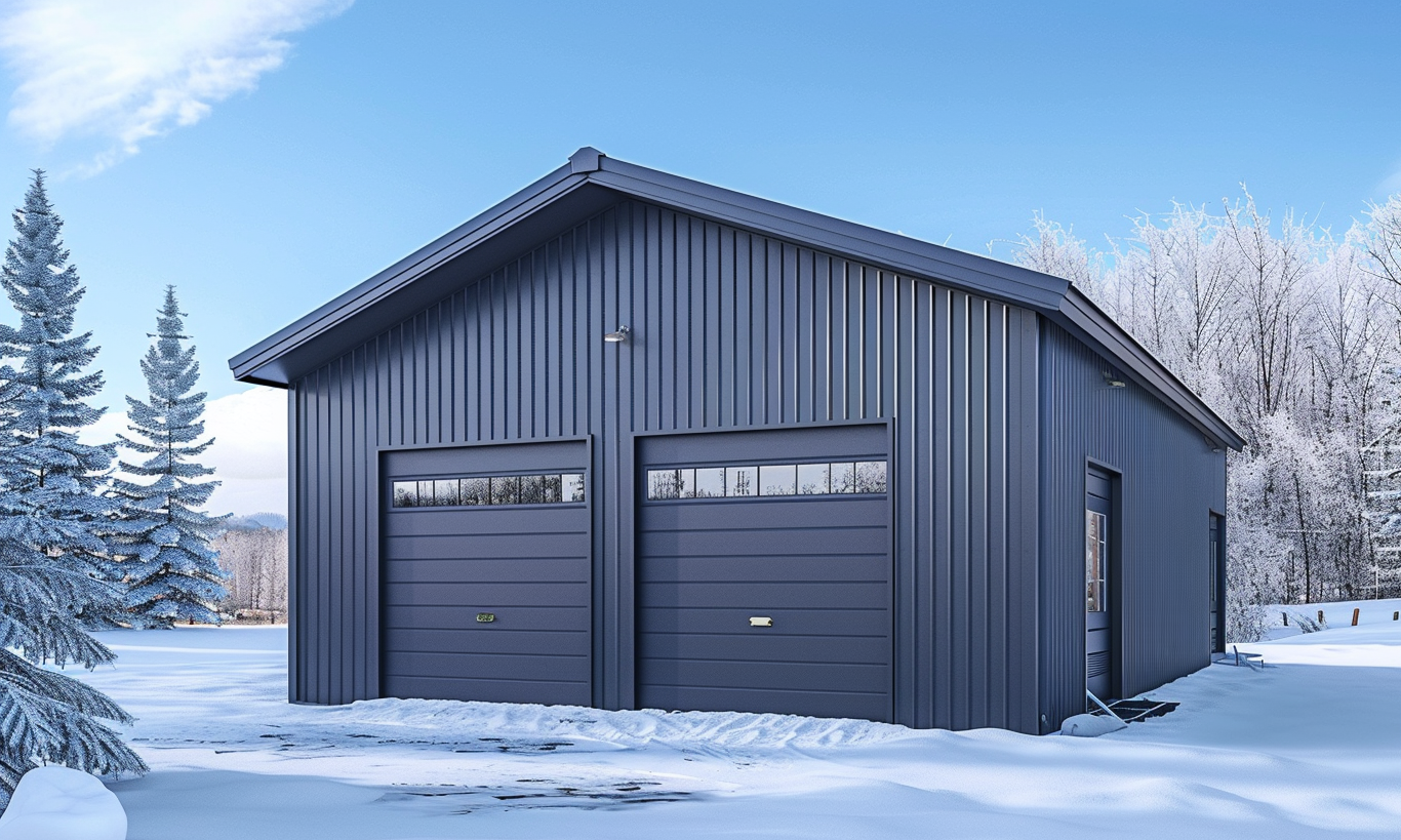 "Modern steel workshop garage in British Columbia with various tools and heavy machinery"