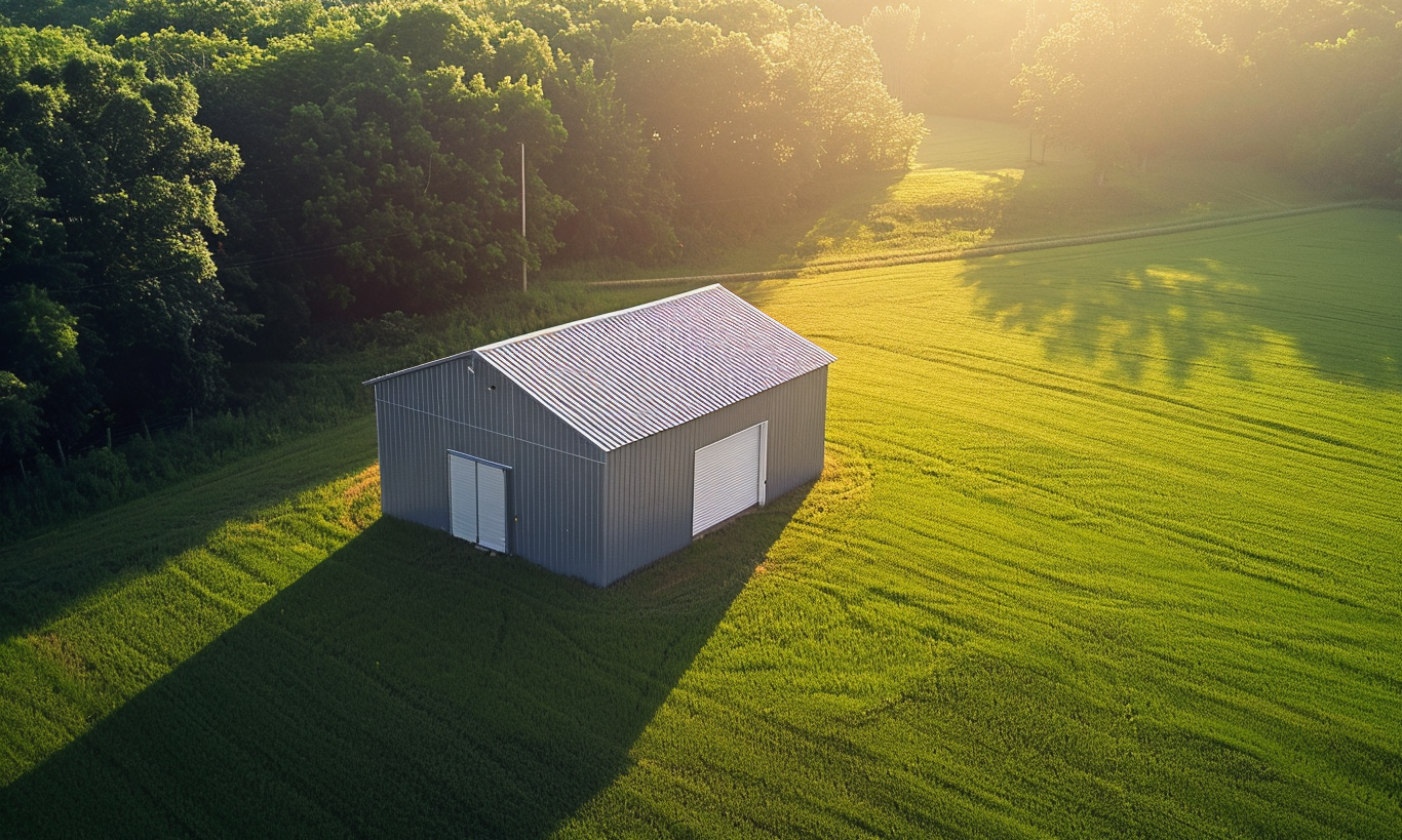 "Aerial view of modern, detached steel garage kit homes in the remote landscape of British Columbia"