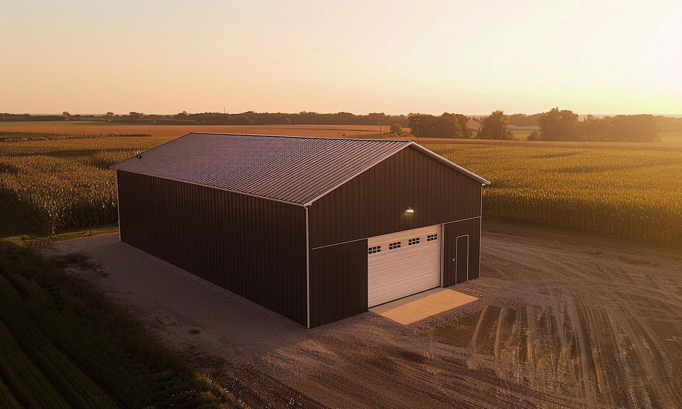 "Modern Barn style steel garage kit set in scenic British Columbia"