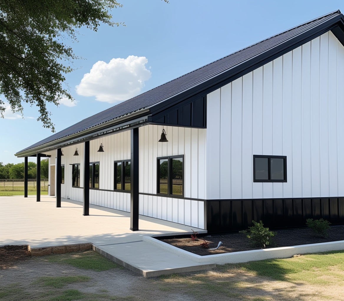 "Rural white structure with metal roof in Alberta countryside, representing Canadian architecture and rustic living."