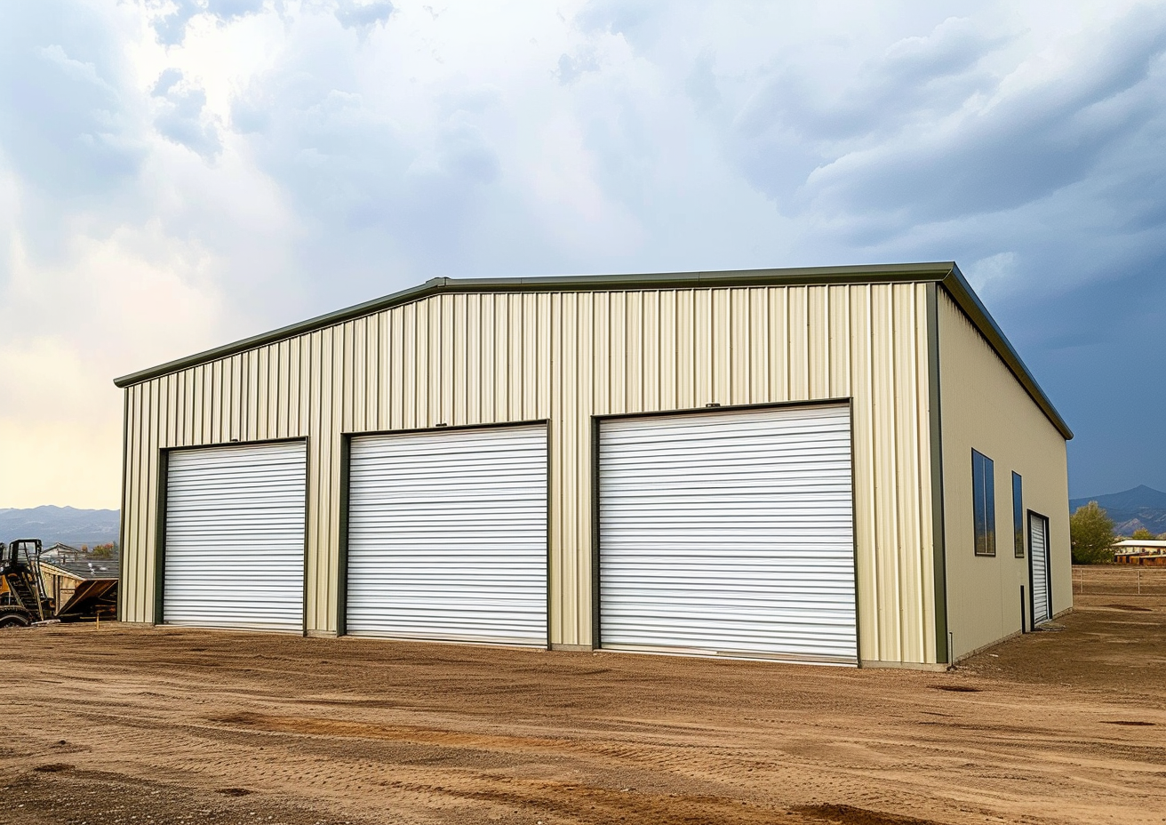 White metal garage situated in the rugged landscape of Alberta