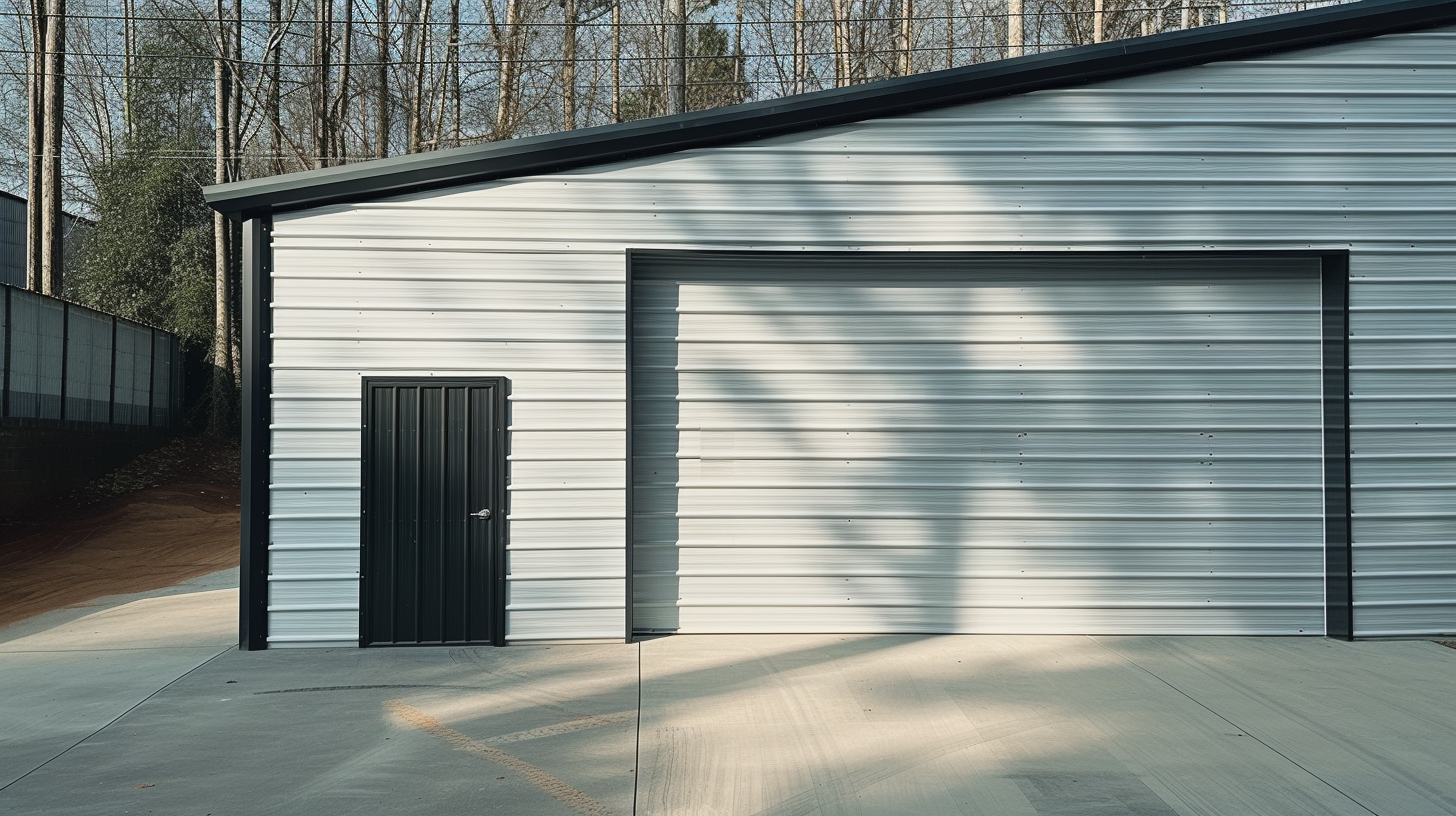 "White exterior steel garage located in British Columbia reflecting modern design"